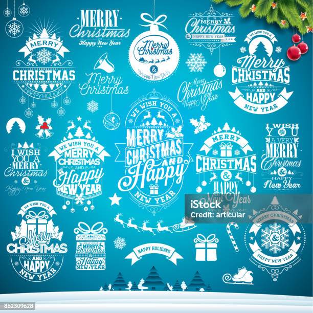 Weihnachten Dekoration Sammlung Von Kalligraphischen Und Typografischen Design Mit Urlaub Beschriftungen Symbole Und Ikonen Designelemente Auf Blaue Winter Landschaft Hintergrund Vektorillustration Festgelegt Stock Vektor Art und mehr Bilder von Logo