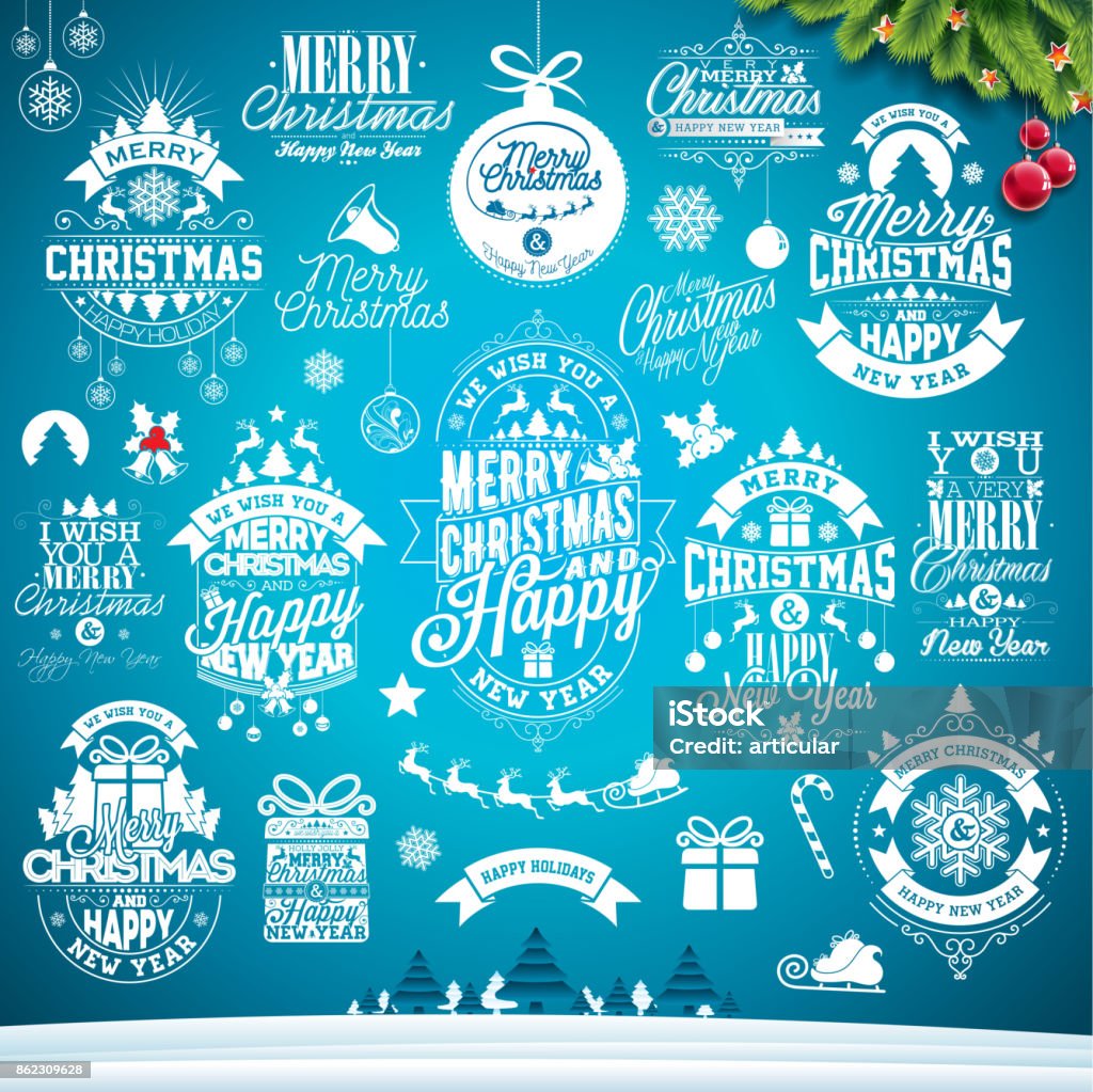 Christmas decoration collection of calligraphic and typographic design with Holiday labels, symbols and icons design elements on blue winter landscape background. Vector illustration set. Christmas decoration collection of calligraphic and typographic design with Holiday labels, symbols and icons design elements on blue winter landscape background. Vector illustration set Logo stock vector