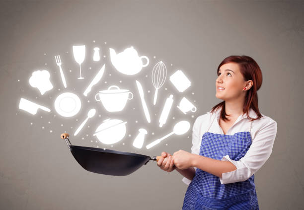istock Young woman with kitchen accessories icons 862318020