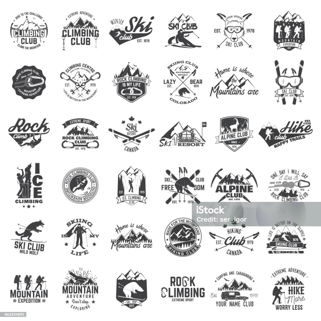 Set of extreme adventure badges. Concept for shirt or logo, print, stamp or tee Rock and ice climbing,skiing, alpine and hiking club. Vector illustration. Set of vintage badges, labels, logos, silhouettes. Vintage typography collection with 36 items. Outdoors adventure emblems. Badge stock vector