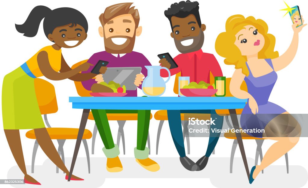 Young multiethnic friends hanging out together Multiethnic group of young friends sitting together at the table with smartphones and tablet computer. Caucasian white and African friends hanging out together. Vector isolated cartoon illustration. Adult stock vector