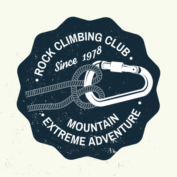 Rock Climbing club badge. Vector. Concept for shirt or logo, print, stamp or tee. Vintage typography design with knot for quickly tying a climbing rope and carabiner. Extreme adventure