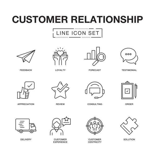 CUSTOMER RELATIONSHIP LINE ICONS SET CUSTOMER RELATIONSHIP LINE ICONS SET resourceful stock illustrations