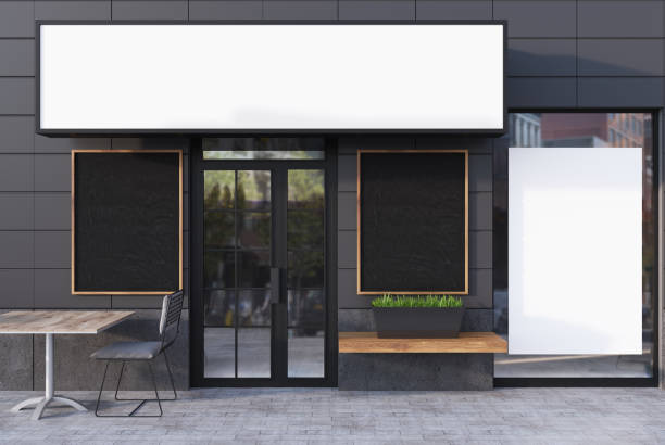 istock Gray cafe exterior with four posters 862334588