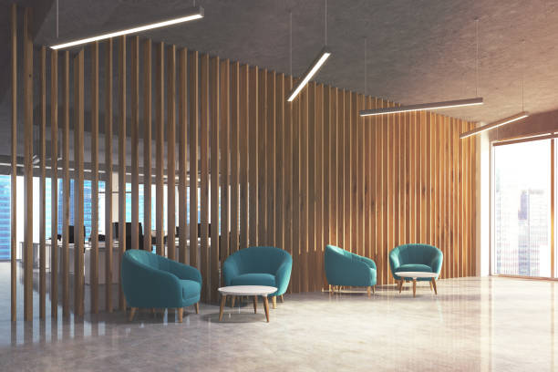 istock Waiting area in office, blue armchairs, side 862337682