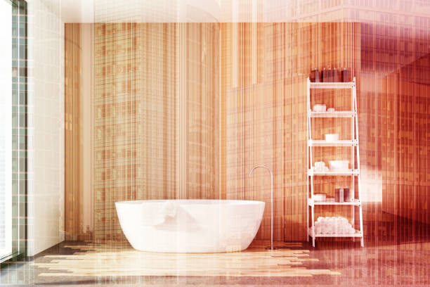 istock Wooden bathroom, white tub, shelves double 862338428