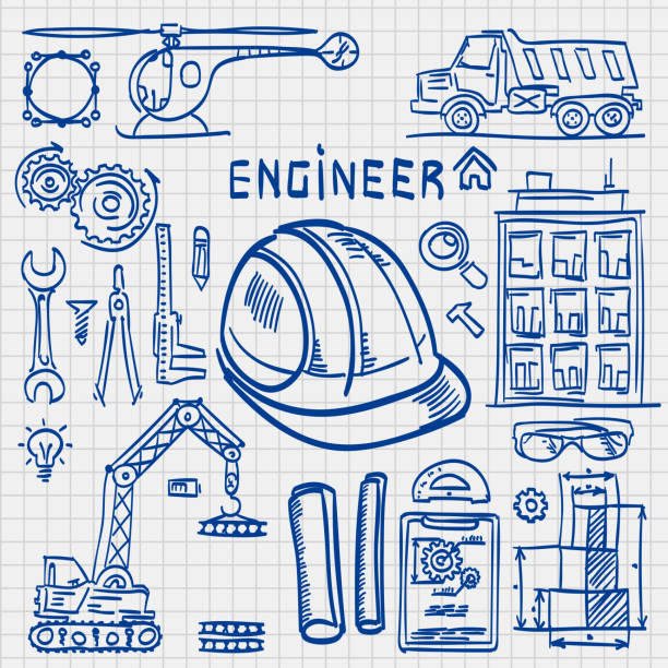 illustrazioni stock, clip art, cartoni animati e icone di tendenza di sketch icons engineer stile di disegno. - construction equipment