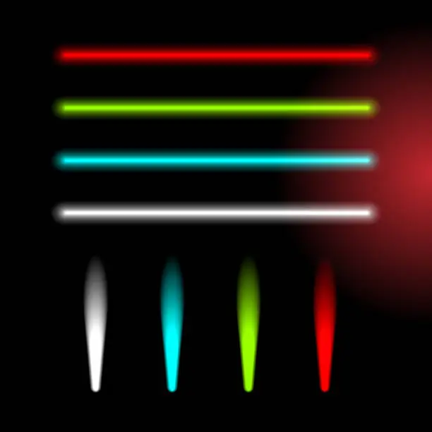 Vector illustration of Set of color laser beams, headlight and flashlight samples