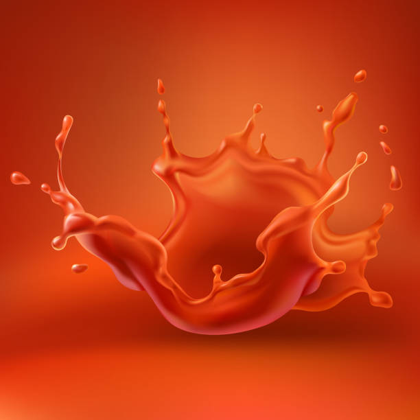 Tomato juice splash with spray realistic vector Tomato juice, blood or red paint splash with spray realistic vector illustration on gradient background. Frozen in air splashing liquid, fluid blow-up design element for food product or drink ad ketchup-splash stock illustrations