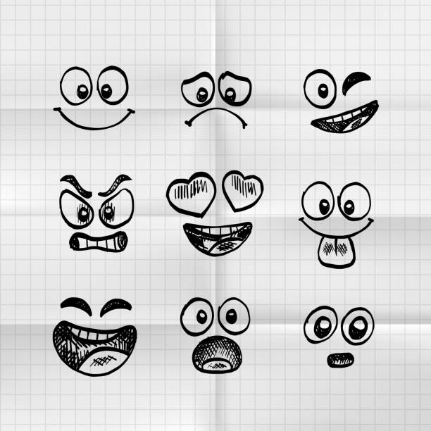 손으로의 스케치 그려 만화 emoji 집합. - behavior smiley face occupation expressing positivity stock illustrations