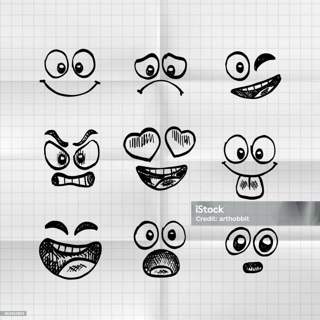 Sketch of hand drawn set of cartoon emoji. Sketch of hand drawn set of cartoon emoji . Vector illustration Anthropomorphic Smiley Face stock vector