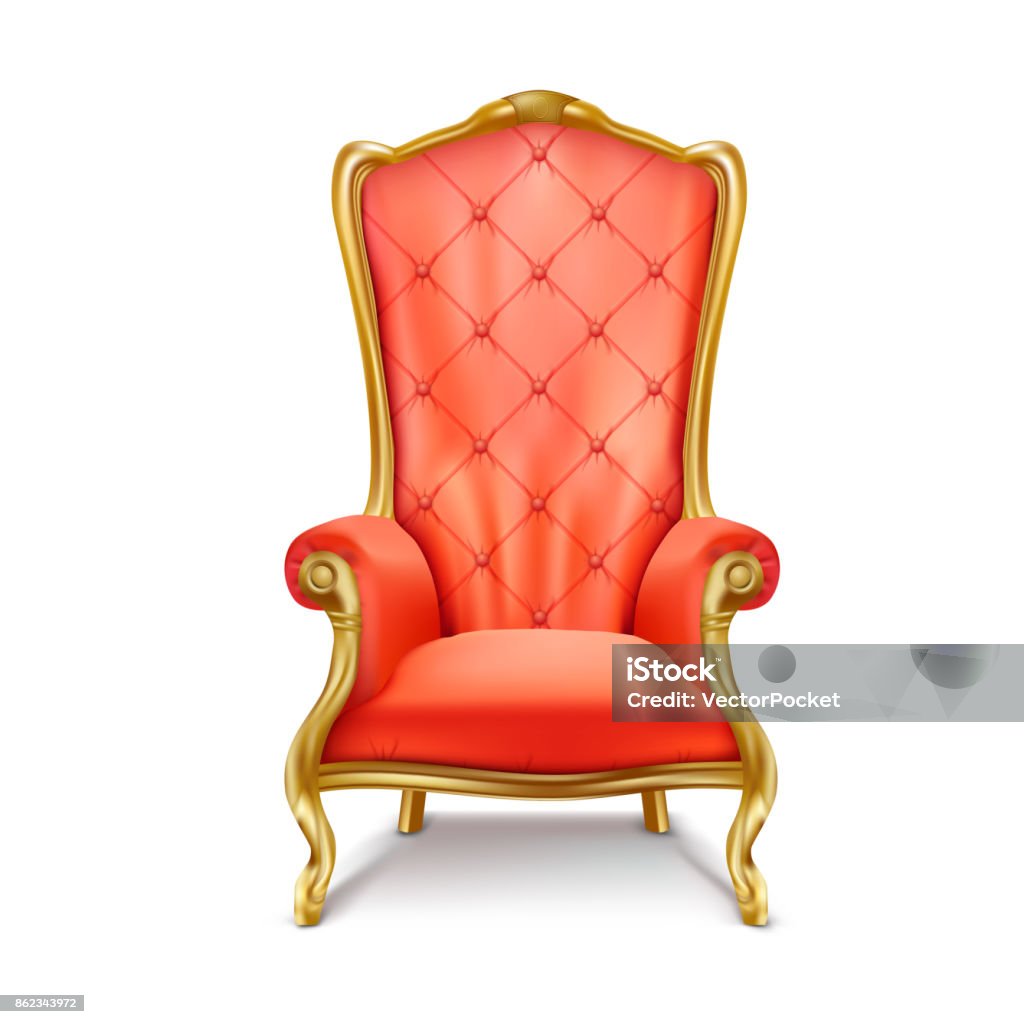 Luxurious royal red throne realistic vector Luxurious antiquarian red armchair with high backrest realistic vector illustration isolated on white background. Gilded royal throne, exclusive old  carved furniture from expensive materials icon Throne stock vector