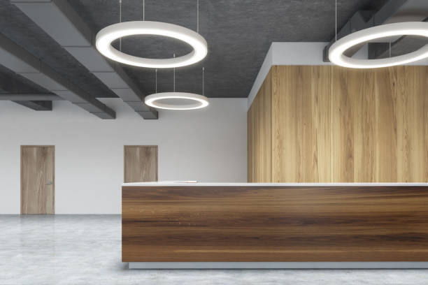 istock Dark wood reception in round lamp office, gray 862345368