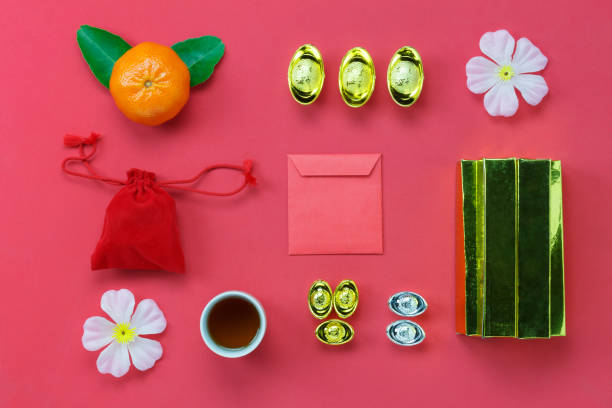 istock Flat lay of accessory items for Lunar & Chinese new year.Difference items on the red wallpaper background.Other language mean rich or wealthy and happy.Essential object for the Holiday season. 862346578