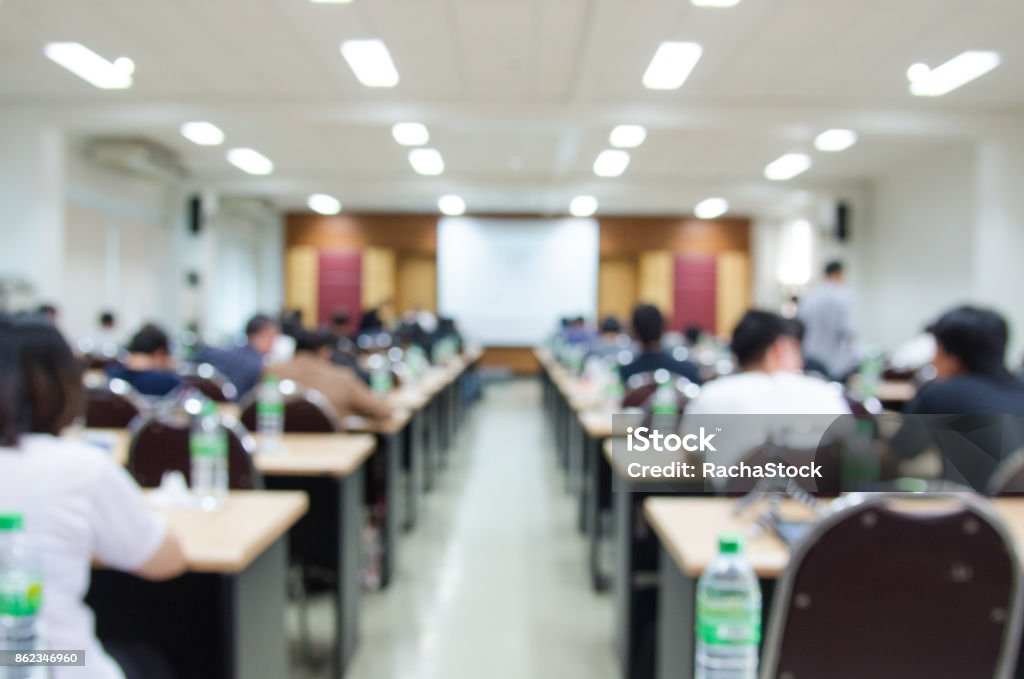 Abstract blur background of conference hall or seminar room, shallow depth of focus. Seminar Stock Photo