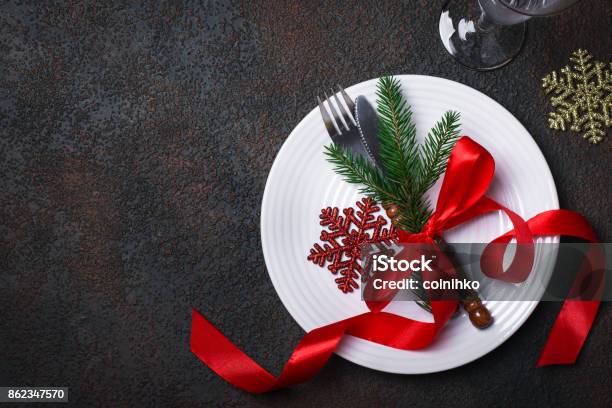 Christmas Table Setting With Christmas Decorations Stock Photo - Download Image Now - Christmas, Dinner, Plate