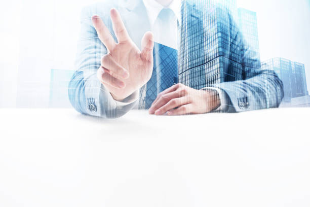 istock Businessman Waving with Double Exposure Cityscape 862351106