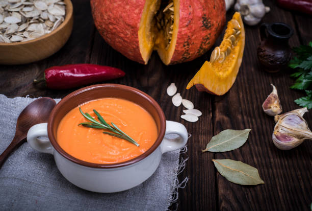 istock pumpkin soup in a round ceramic plate 862359820