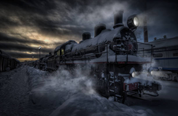 expreso de la noche del pasado. - locomotive steam train train snow fotografías e imágenes de stock