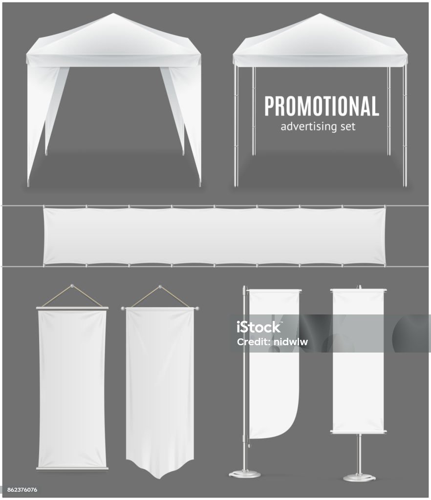 Realistic Promotional Advertising Set. Vector Realistic Promotional Advertising Set Empty Template Textile Banner, Flag and Tent or Pavilion for Fair, Festival, Expo. Vector illustration Banner - Sign stock vector