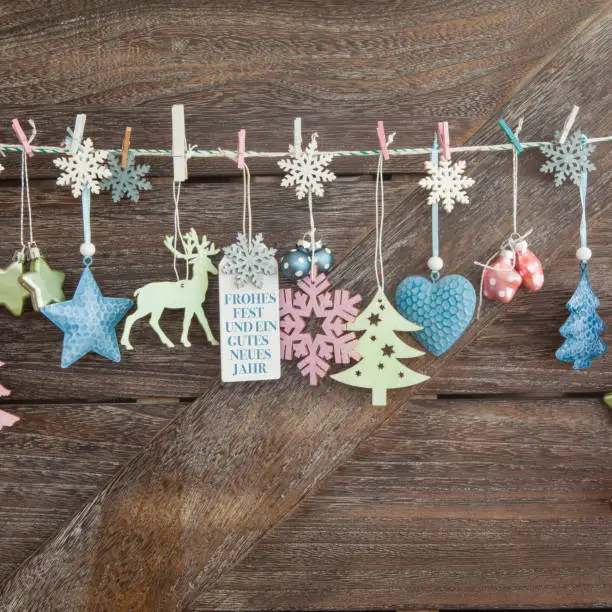 Festive Christmas decorations against a background of wood