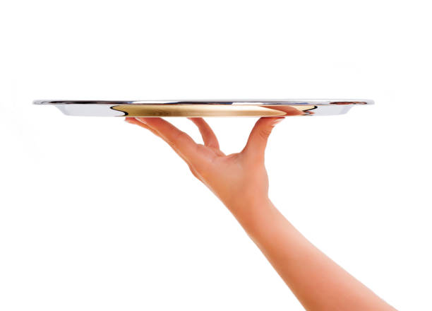 frau mit tablett - tray stock-fotos und bilder