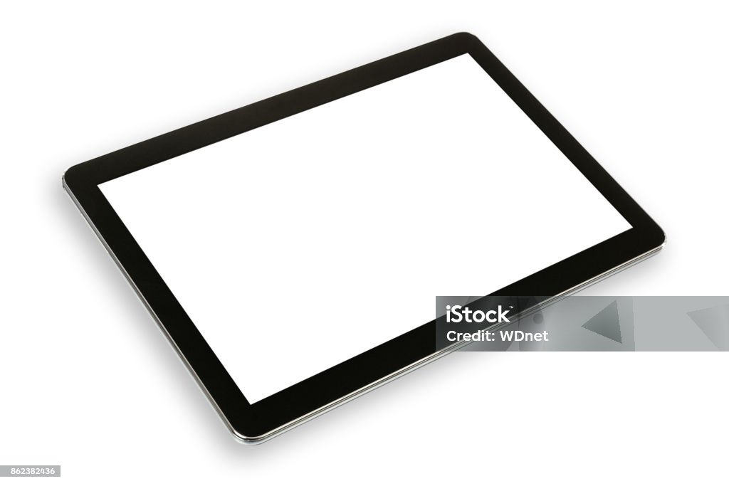 Modern digital tablet Mock-up with a modern black silver digital tablet in perspective isolated on a white background Digital Tablet Stock Photo