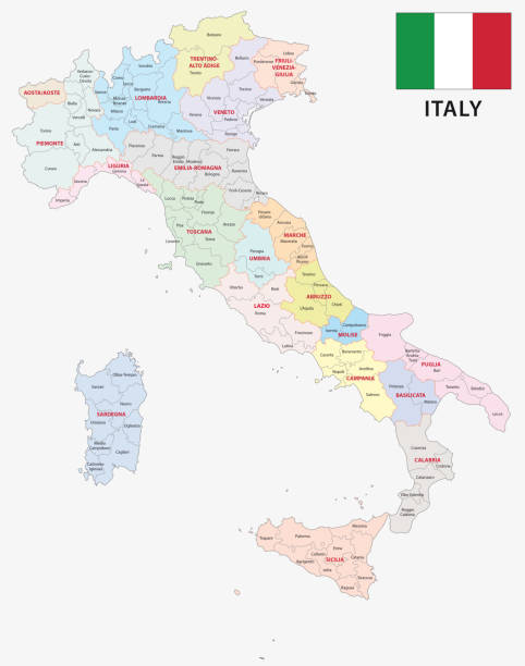 административная карта италии с флагом - emiliano martinez stock illustrations