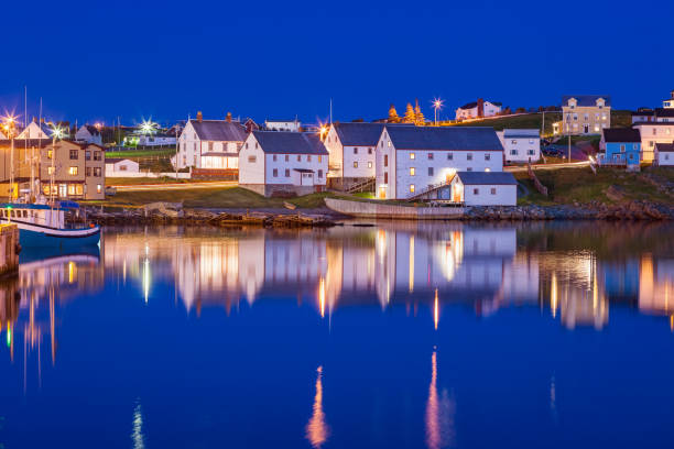 Town of Bonavista in Newfoundland Canada Stock photograph of the historic town of Bonavista in Newfoundland, Canada at twilight blue hour. newfoundland and labrador photos stock pictures, royalty-free photos & images