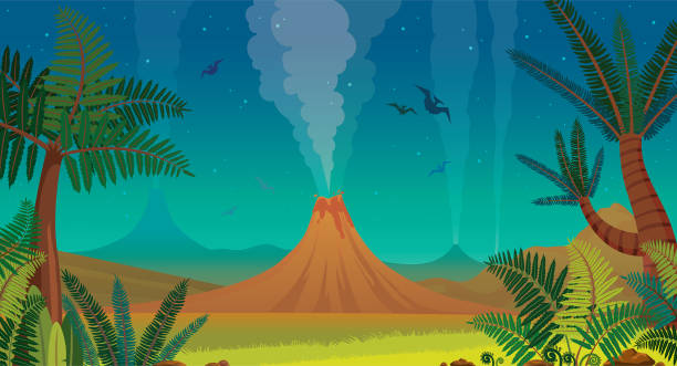доисторическая природа - вулкан, птеродактиль, папоротник и ночное небо. - dinosaur animal cartoon blue stock illustrations