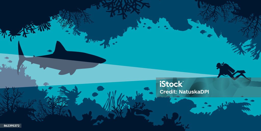 Underwater cave, scuba diver, shark, coral, fish, sea. Underwater coral cave with fishes and silhouette of scuba diver and big shark on a blue ocean. Vector undersea illustration. Marine wildlife. Shark stock vector