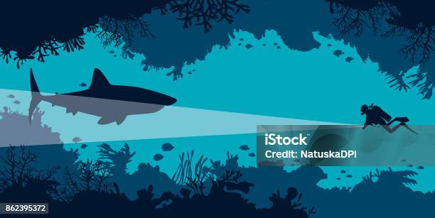 Underwater Cave Scuba Diver Shark Coral Fish Sea Stock Illustration - Download Image Now