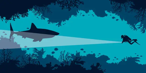 Vector illustration of Underwater cave, scuba diver, shark, coral, fish, sea.