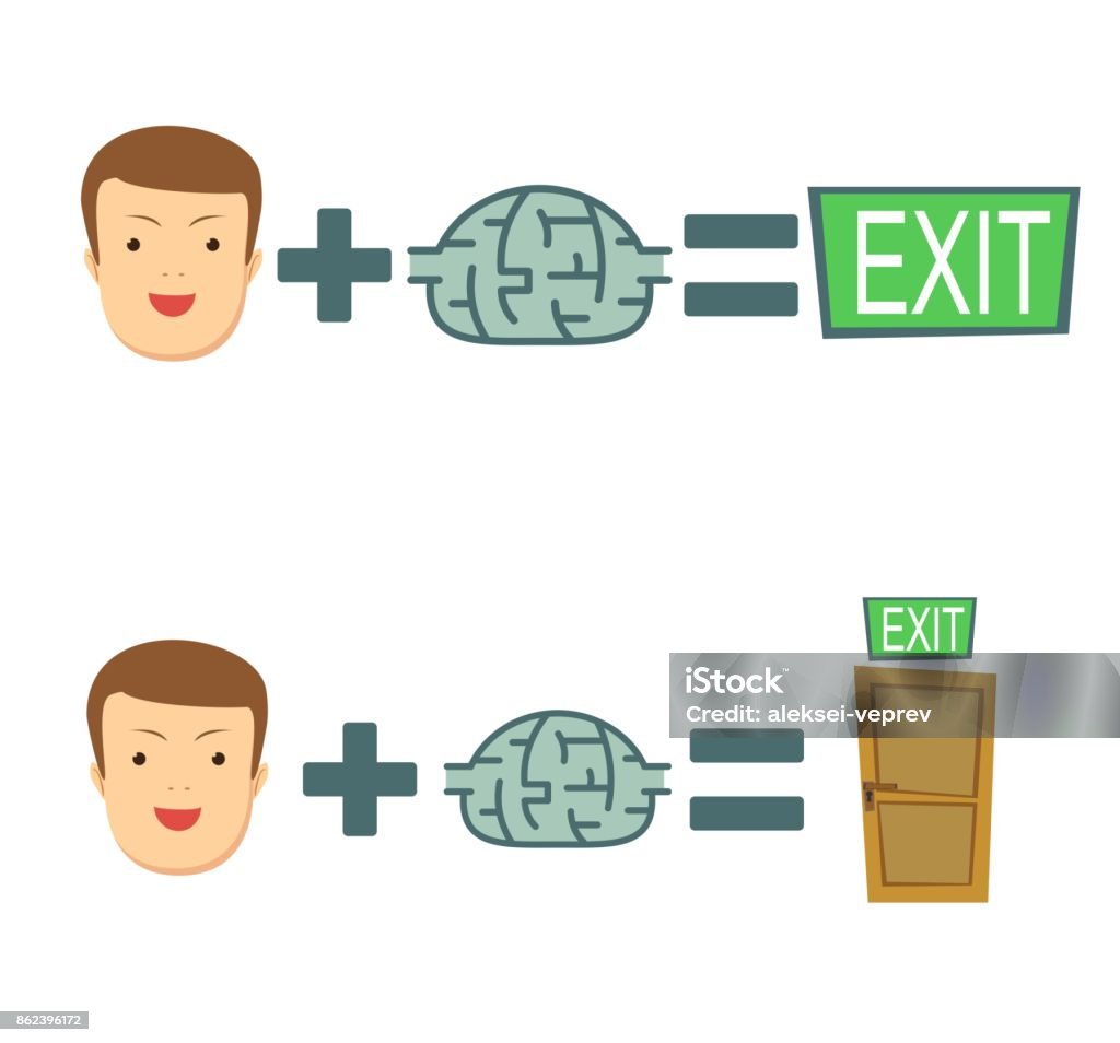 brains help to find a way out. Stock flat vector illustration Man find a way . face plus brain equal to exit. brains help to find a way out. Stock flat vector illustration. Aiming stock vector