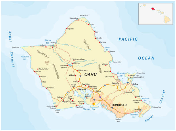 Oahu road map, Hawaii Oahu road vector map, Hawaii, USA oahu stock illustrations