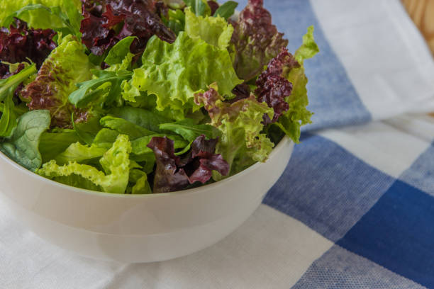 Salad leaves, purple lettuce, spinach, arugula. Mixed fresh salad in a white bowl.