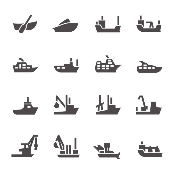 иконы пассажирских и промышленных судов в стиле глиф - cruise passenger ship nautical vessel vacations stock illustrations