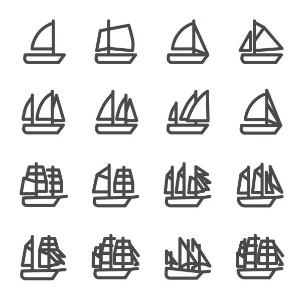 illustrations, cliparts, dessins animés et icônes de icônes de voiliers dans le style de ligne - ketch