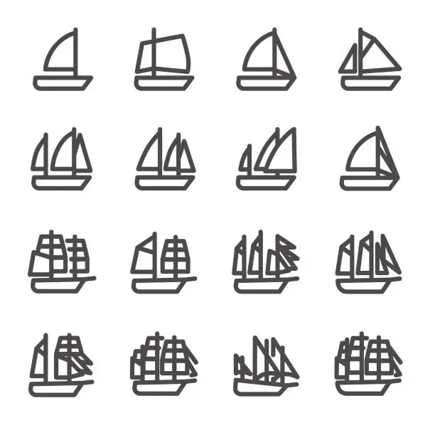 Vector illustration of Icons of sailing ships in line style