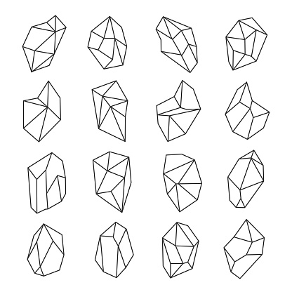 Crystal shapes outline set. Crystals and gems in many forms and sizes, mineralogical collection. Vector flat style line art illustration, isolated on white background