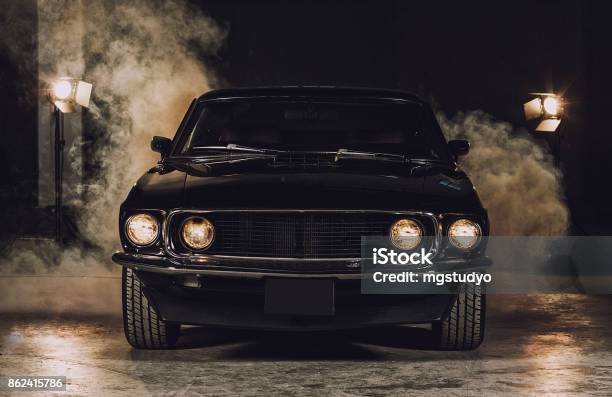 Classic Black Car In Garage Stock Photo - Download Image Now - Car, Front View, Mustang - Wild Horse