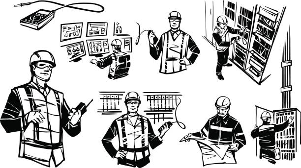 ilustrações, clipart, desenhos animados e ícones de ilustração retratando os engenheiros de automação rpa - electricity control panel electricity substation transformer