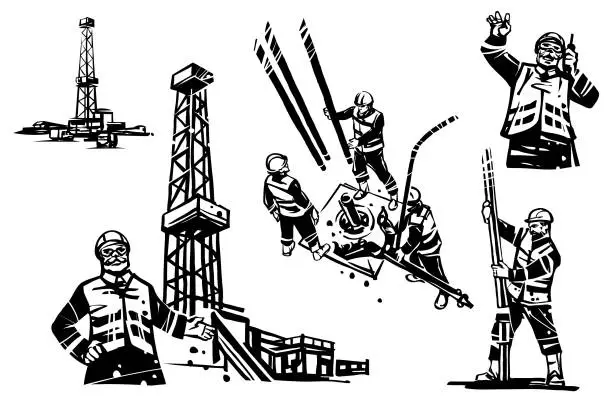Vector illustration of Workers on Oil Rig and Roughneck