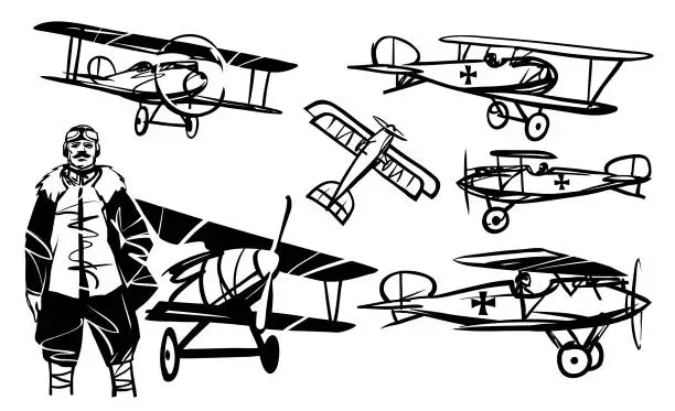 Vector illustration of Pilot and set of illustrations Albatros D.III