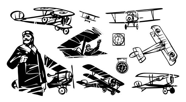Pilot and set of illustrations Nieuport-17 vector art illustration
