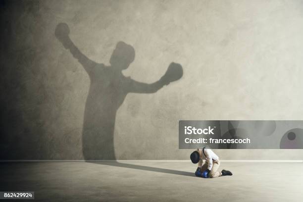 Man Defeated By His Shadow Boxing Stock Photo - Download Image Now - Defeat, Winning, Fear