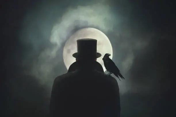 Photo of Man with crow on his shoulder observing the moon