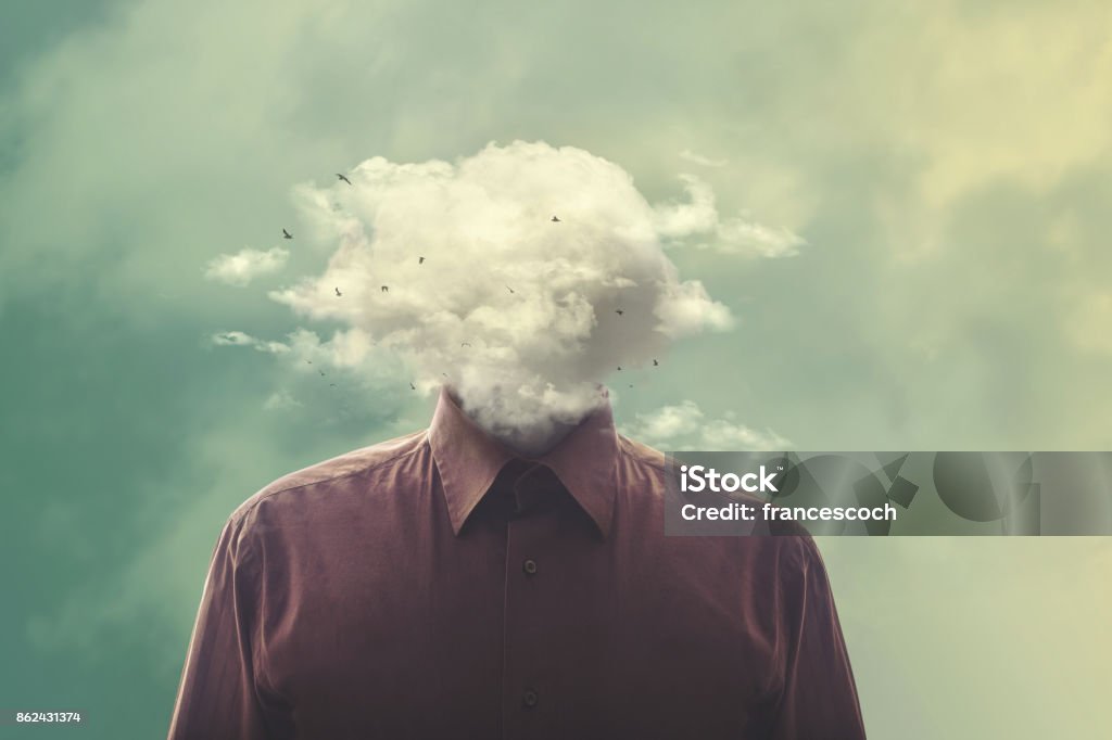 stressed man head in the cloud Fog Stock Photo