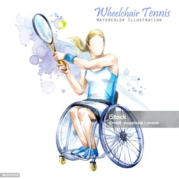 Aquarell Bild Rollstuhltennissport Abbildung Der Behinderten Sportler Im Rollstuhl Mit Einem Schläger Aktive Menschen Behinderung Und Sozialpolitik Soziale Unterstützung Stock Vektor Art und mehr Bilder von Rollstuhltennis