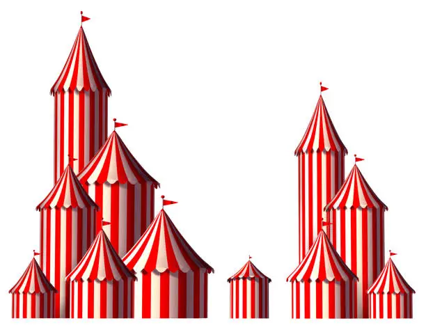 Circus tent design element as a group of big top carnival tents with an opening entrance as a fun entertainment icon for a theatrical celebration or party festival isolated on a white background as a 3D render.